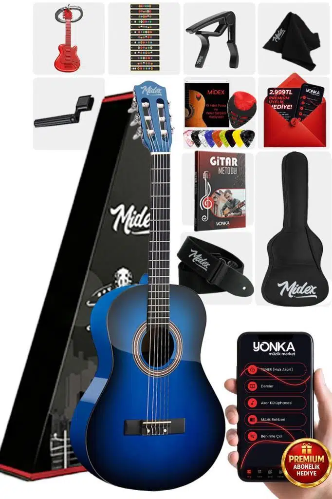 Midex CG-36BL-PAK Kaliteli 36 İnç 3/4 Juniur Çocuk Gitarı 8-12 Yaş Arası (Çanta Capo Askı Nota Sticker Pena Metod)