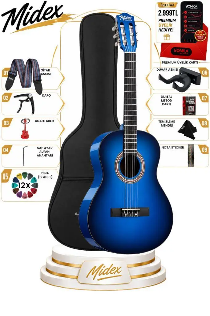 Midex CG-36BL-PAK Kaliteli 36 İnç 3/4 Juniur Çocuk Gitarı 8-12 Yaş Arası (Çanta Capo Askı Nota Sticker Pena Metod)
