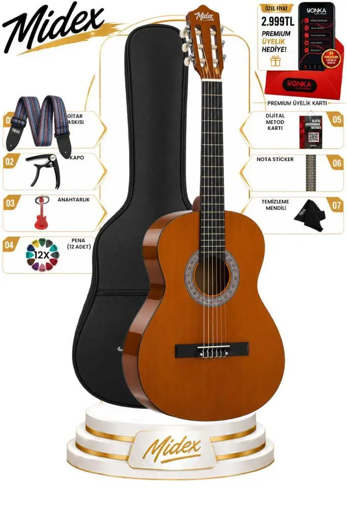 Midex CG-36BRW Kaliteli 36 İnç 3/4 Juniur Çocuk Gitarı 8-12 Yaş Arası (Çanta Askı Capo Nota Sticker Pena Metod)