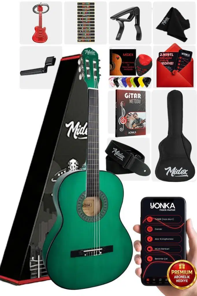 Midex CG-36GR Kaliteli 36 İnç 3/4 Junior Çocuk Gitarı 8-12 Yaş Arası (Çanta Askı Capo Nota Sticker Pena Metod