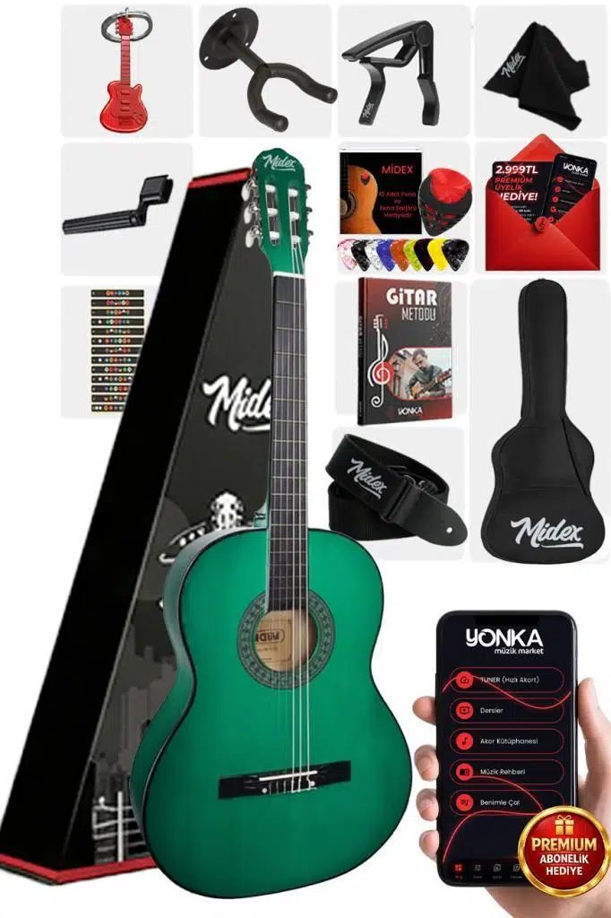 Midex CG-36GR-PAK Kaliteli 36 İnç 3/4 Junior Çocuk Gitar Seti 8-12 Yaş Arası (Çanta Capo Askı Nota Sticker Pena Metod)