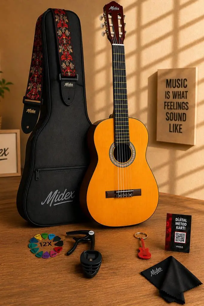 Midex CG-36NT Kaliteli 36 İnç 3/4 Juniur Çocuk Gitarı 8-12 Yaş Arası (Çanta Askı Capo Nota Sticker Pena)