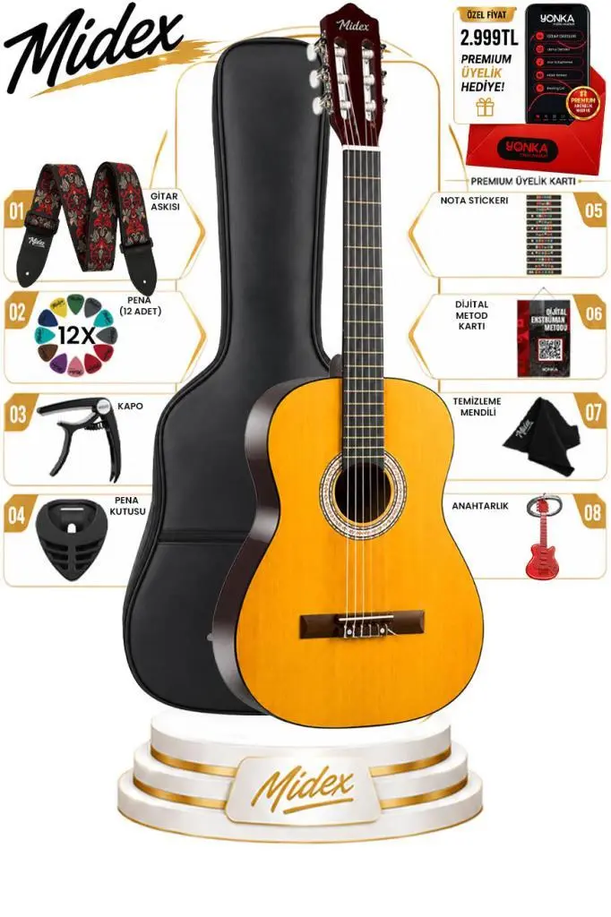 Midex CG-36NT Kaliteli 36 İnç 3/4 Juniur Çocuk Gitarı 8-12 Yaş Arası (Çanta Askı Capo Nota Sticker Pena)