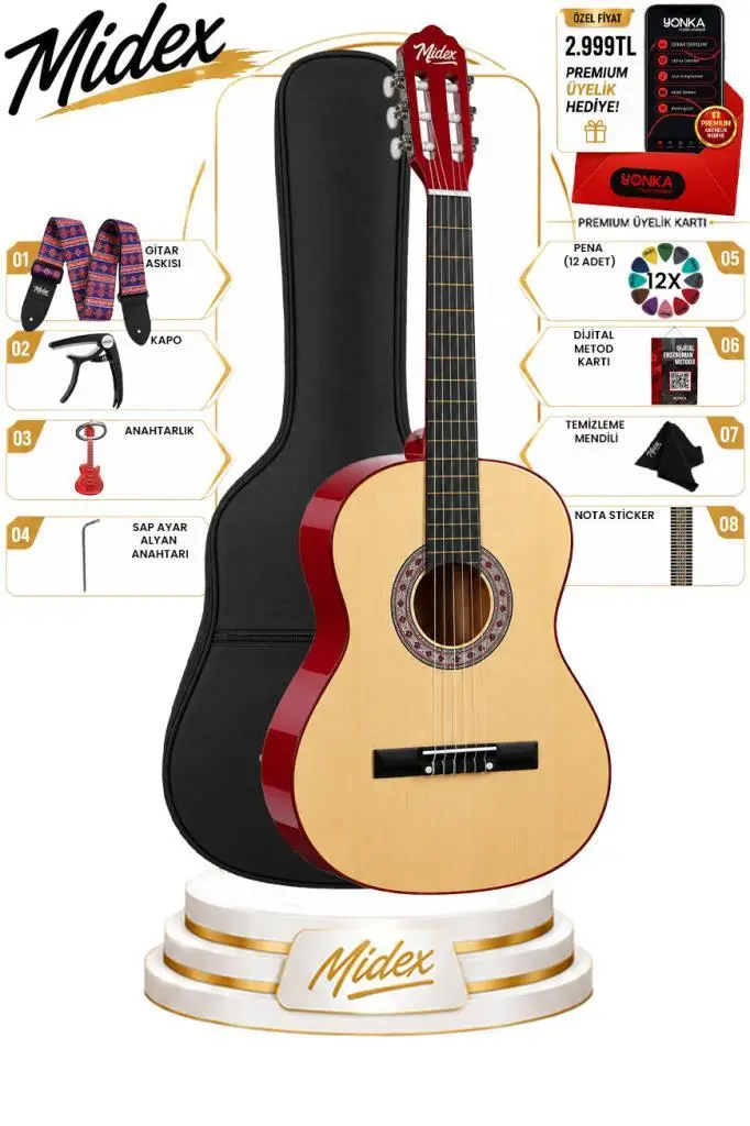 Midex CG-36NT Kaliteli 36 İnç 3/4 Juniur Çocuk Gitarı 8-12 Yaş Arası (Çanta Askı Capo Nota Sticker Pena)