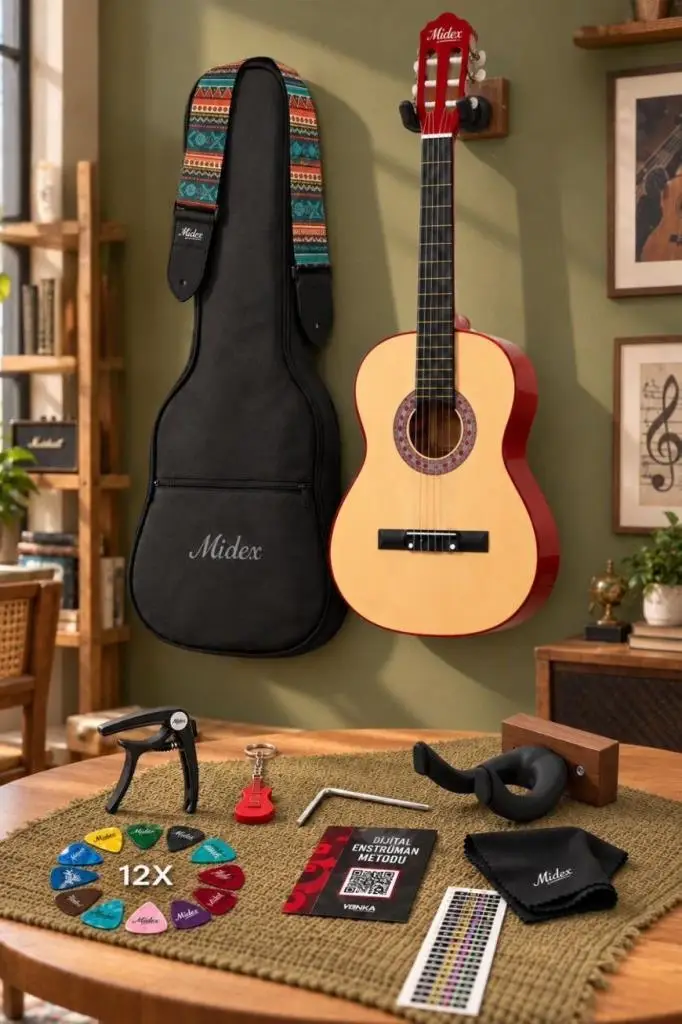 Midex CG-36NT-PAK Kaliteli 36 İnç 3/4 Juniur Çocuk Gitarı 8-12 Yaş Arası (Çanta Capo Askı Nota Sticker Pena Metod)