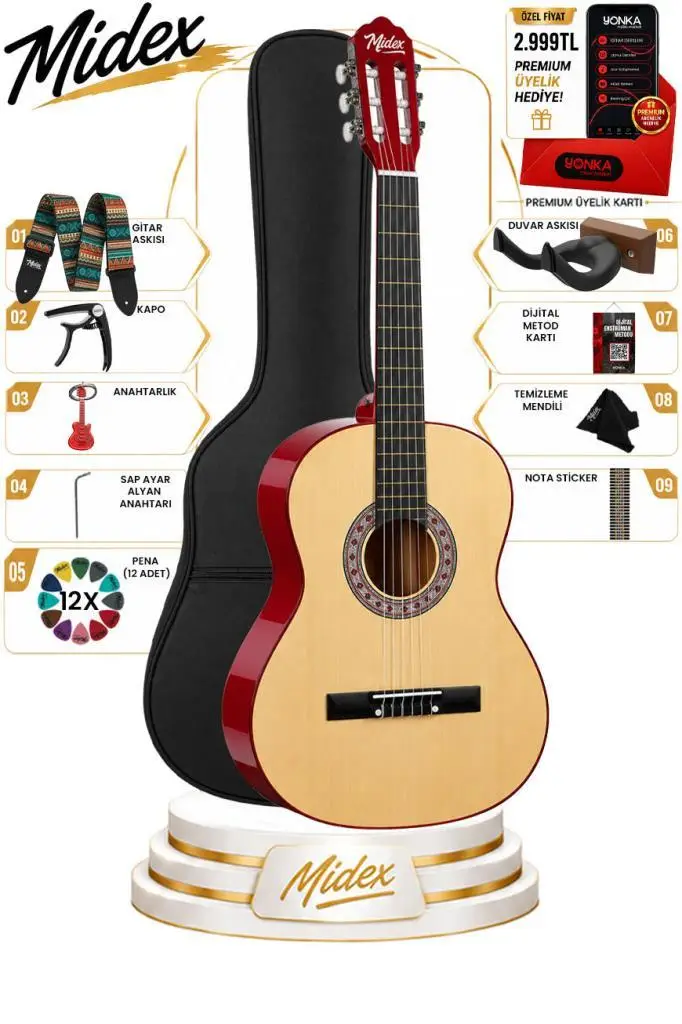Midex CG-36NT-PAK Kaliteli 36 İnç 3/4 Juniur Çocuk Gitarı 8-12 Yaş Arası (Çanta Capo Askı Nota Sticker Pena Metod)