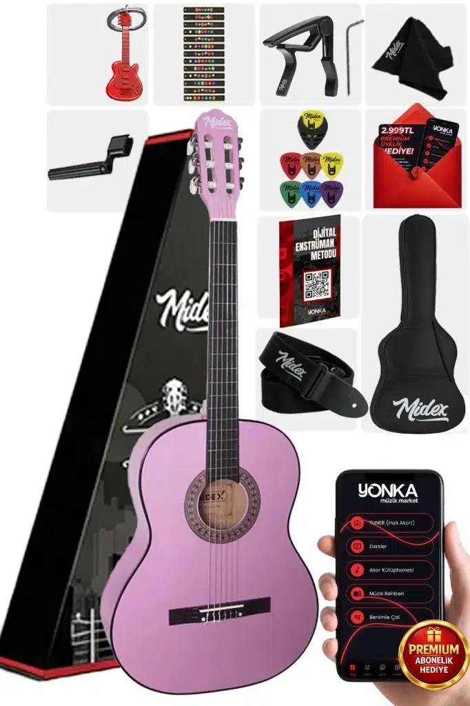 Midex CG-36PU Kaliteli 36 İnç 3/4 Junior Çocuk Gitarı 8-12 Yaş Arası (Çanta Askı Capo Nota Sticker Pena Metod