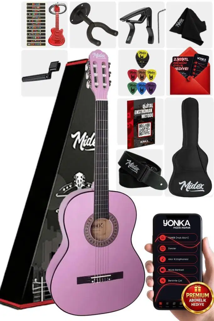 Midex CG-36PU-PAK Kaliteli 36 İnç 3/4 Junior Çocuk Gitar Seti 8-12 Yaş Arası (Tuner Çanta Capo Askı Nota Sticker Pena Metod)