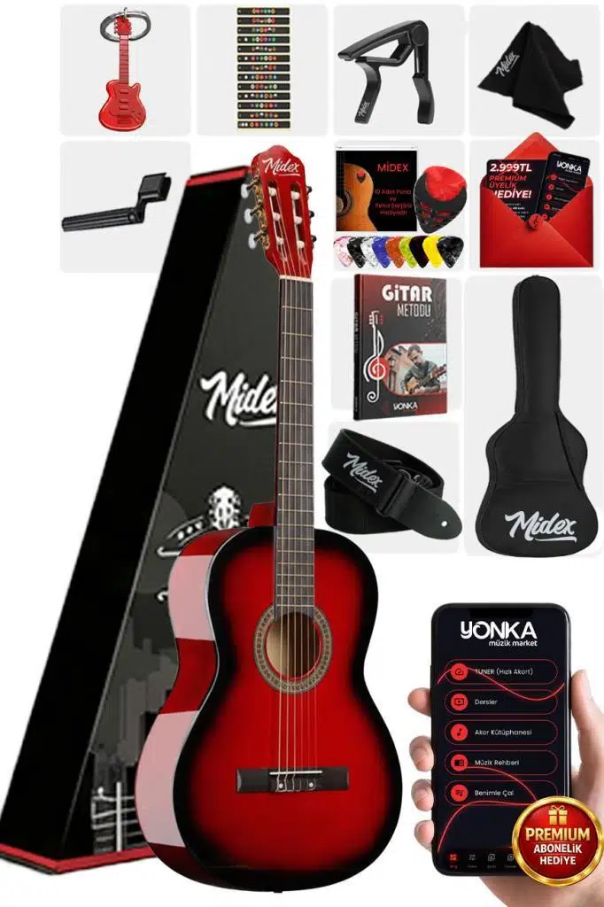 Midex CG-36RD Kaliteli 36 İnç 3/4 Juniur Çocuk Gitarı 8-12 Yaş Arası (Çanta Askı Capo Nota Sticker Pena Metod)