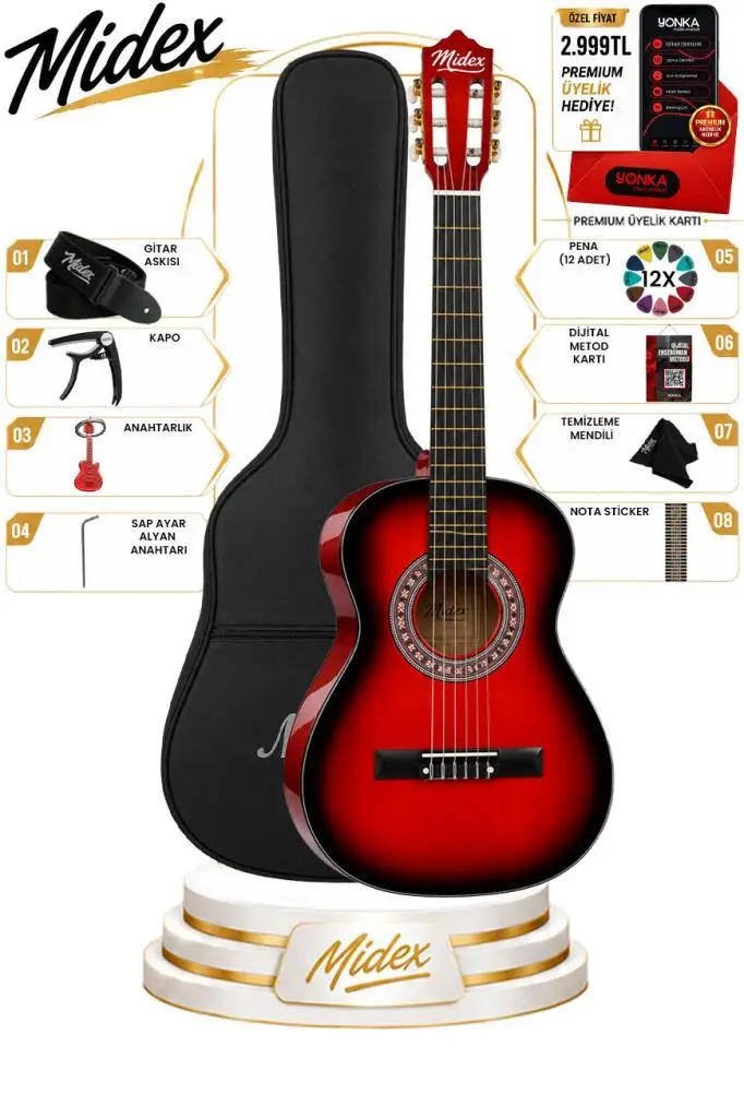 Midex CG-36RD Kaliteli 36 İnç 3/4 Juniur Çocuk Gitarı 8-12 Yaş Arası (Çanta Askı Capo Nota Sticker Pena Metod)