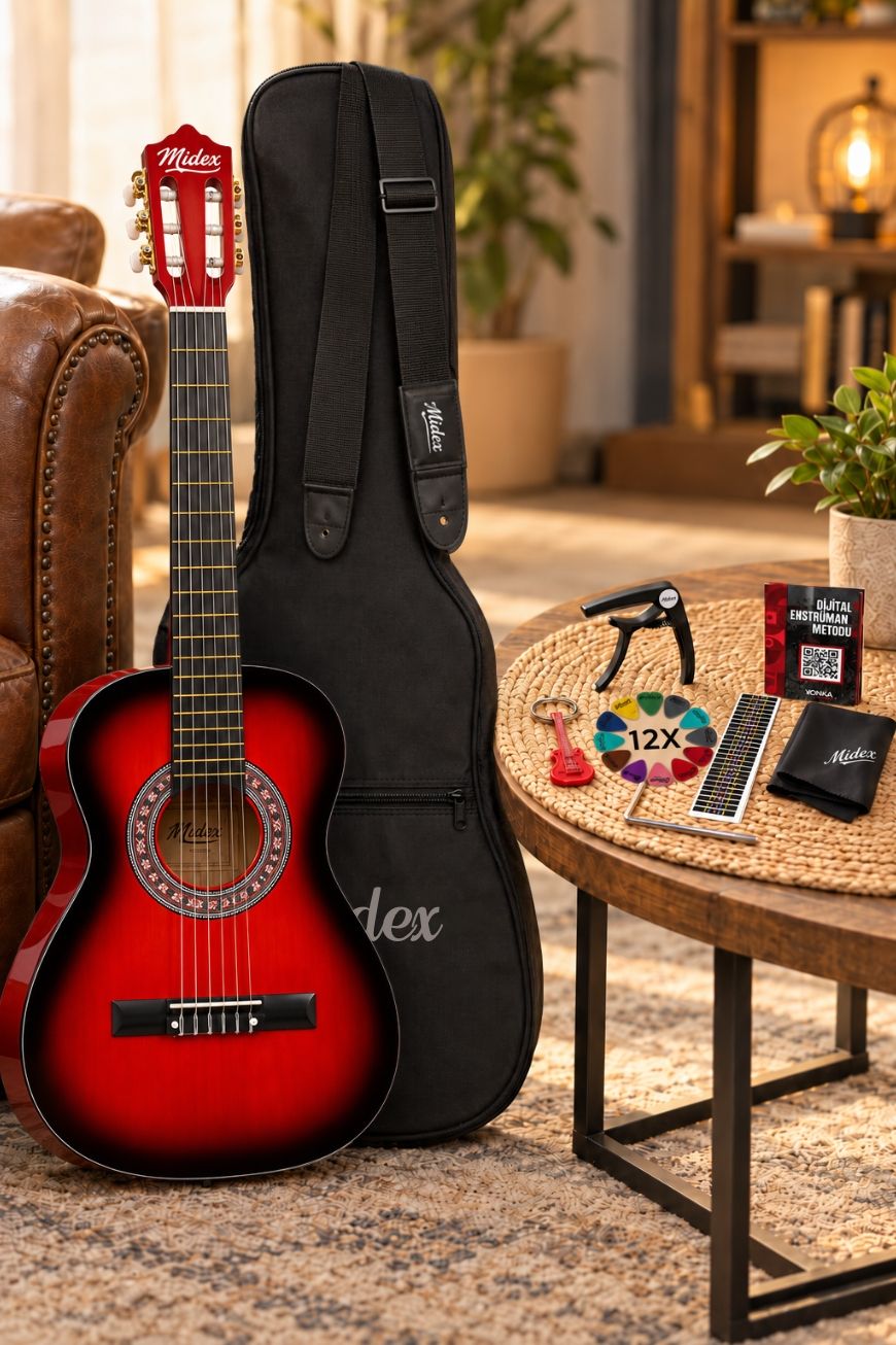 Midex CG-36RD Kaliteli 36 İnç 3/4 Juniur Çocuk Gitarı 8-12 Yaş Arası (Çanta Askı Capo Nota Sticker Pena Metod)