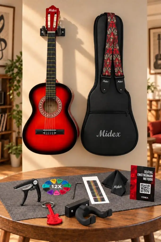 Midex CG-36RD-PAK Kaliteli 36 İnç 3/4 Juniur Çocuk Gitarı 8-12 Yaş Arası (Çanta Capo Askı Nota Sticker Pena Metod)