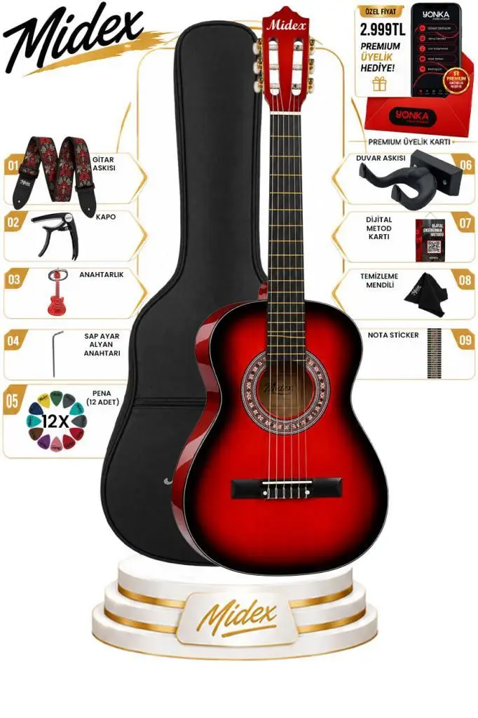 Midex CG-36RD-PAK Kaliteli 36 İnç 3/4 Juniur Çocuk Gitarı 8-12 Yaş Arası (Çanta Capo Askı Nota Sticker Pena Metod)