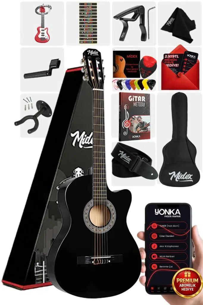 Midex CG-390BK-XBAG Siyah Klasik Gitar 4/4 Sap Ayarlı Kesik Kasa Full Set (Çanta Askı Capo Metod Pena)