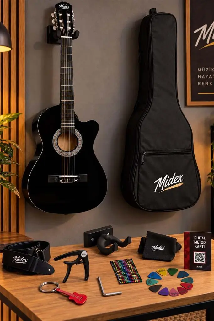 Midex CG-390BK-XBAG Siyah Klasik Gitar 4/4 Sap Ayarlı Kesik Kasa Full Set (Çanta Askı Capo Pena)