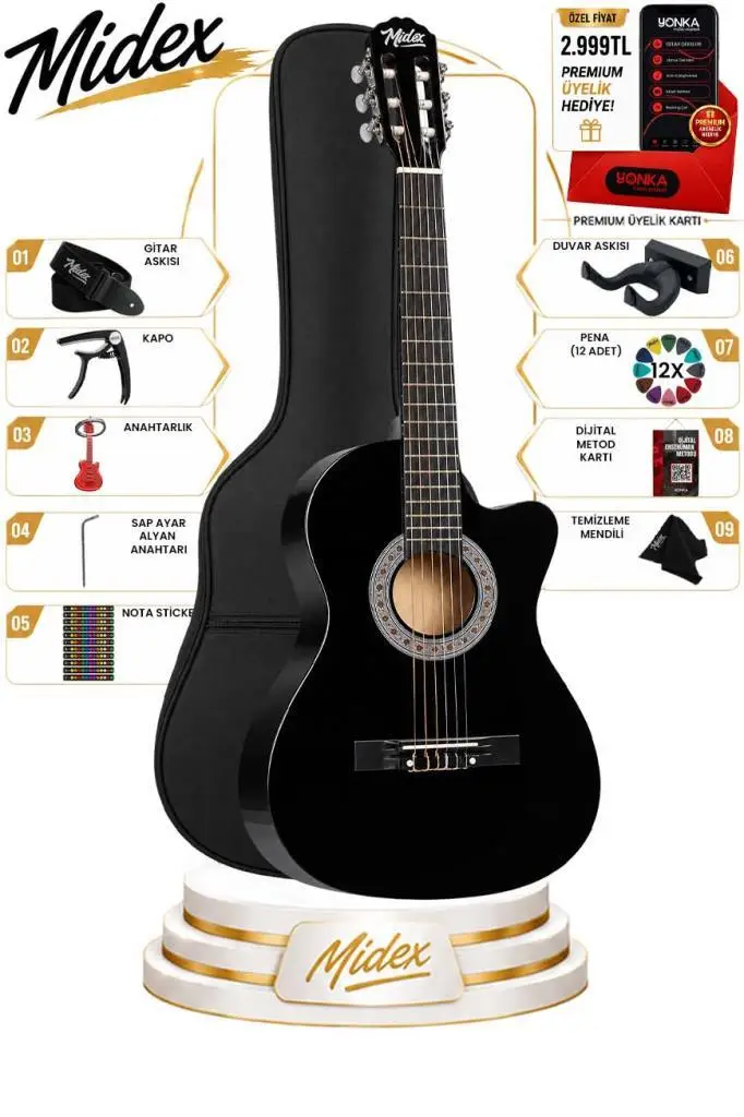 Midex CG-390BK-XBAG Siyah Klasik Gitar 4/4 Sap Ayarlı Kesik Kasa Full Set (Çanta Askı Capo Pena)