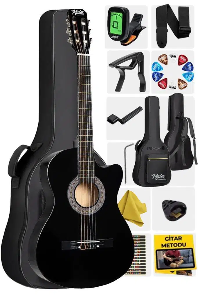 Midex CG-390BK-XBAG Siyah Klasik Gitar 4/4 Sap Ayarlı Kesik Kasa Full Set (Çanta Askı Capo Metod Pena)