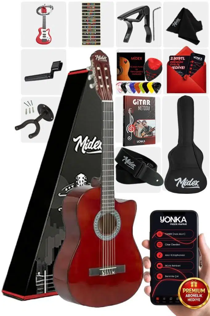 Midex CG-390BR-XBAG Klasik Gitar 4/4 Sap Ayarlı Kesik Kasa (Çanta Askı Capo Metod Pena)