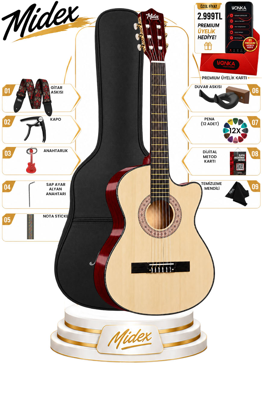 Midex CG-390NT-XBAG Klasik Gitar 4/4 Sap Ayarlı Kesik Kasa (BASIC)