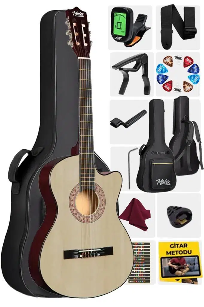 Midex CG-390NT-XBAG Klasik Gitar 4/4 Sap Ayarlı Kesik Kasa (Çanta Askı Capo Metod Pena)