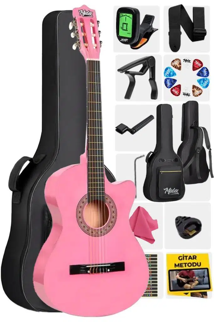 Midex CG-390PK-XBAG Pembe Renk Klasik Gitar 4/4 Sap Ayarlı Kesik Kasa (Çanta Tuner Askı Capo Metod Pena)