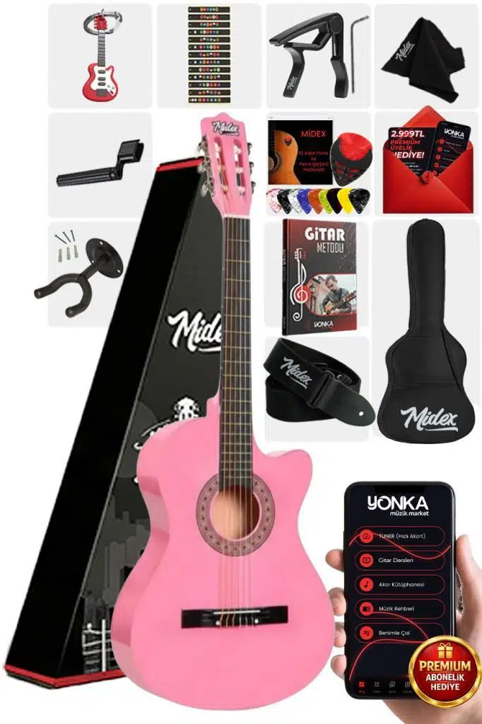 Midex CG-390PK-XBAG Pembe Renk Klasik Gitar 4/4 Sap Ayarlı Kesik Kasa (Çanta Tuner Askı Capo Metod Pena) Midex CG-390PK-XBAG Pembe Renk Klasik Gitar 4/4 Sap Ayarlı Kesik Kasa (Çanta Tuner Askı Capo Metod Pena)