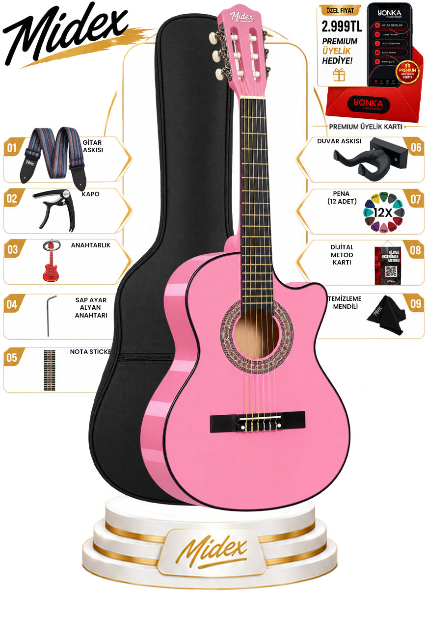 Midex CG-390PK-XBAG Pembe Renk Klasik Gitar 4/4 Sap Ayarlı Kesik Kasa (Çanta Tuner Askı Capo Metod Pena)