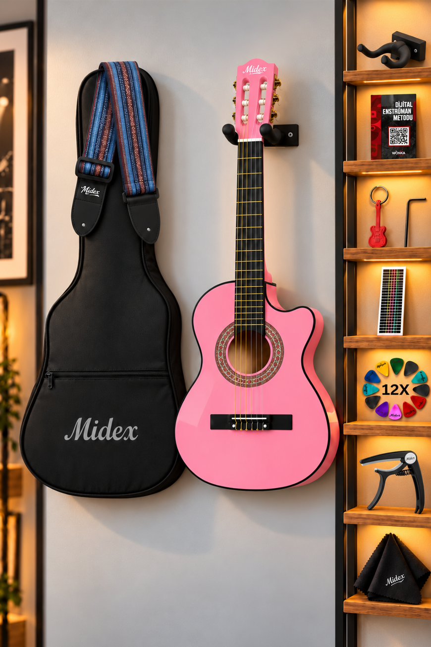 Midex CG-390PK-XBAG Pembe Renk Klasik Gitar 4/4 Sap Ayarlı Kesik Kasa (Çanta Tuner Askı Capo Metod Pena)