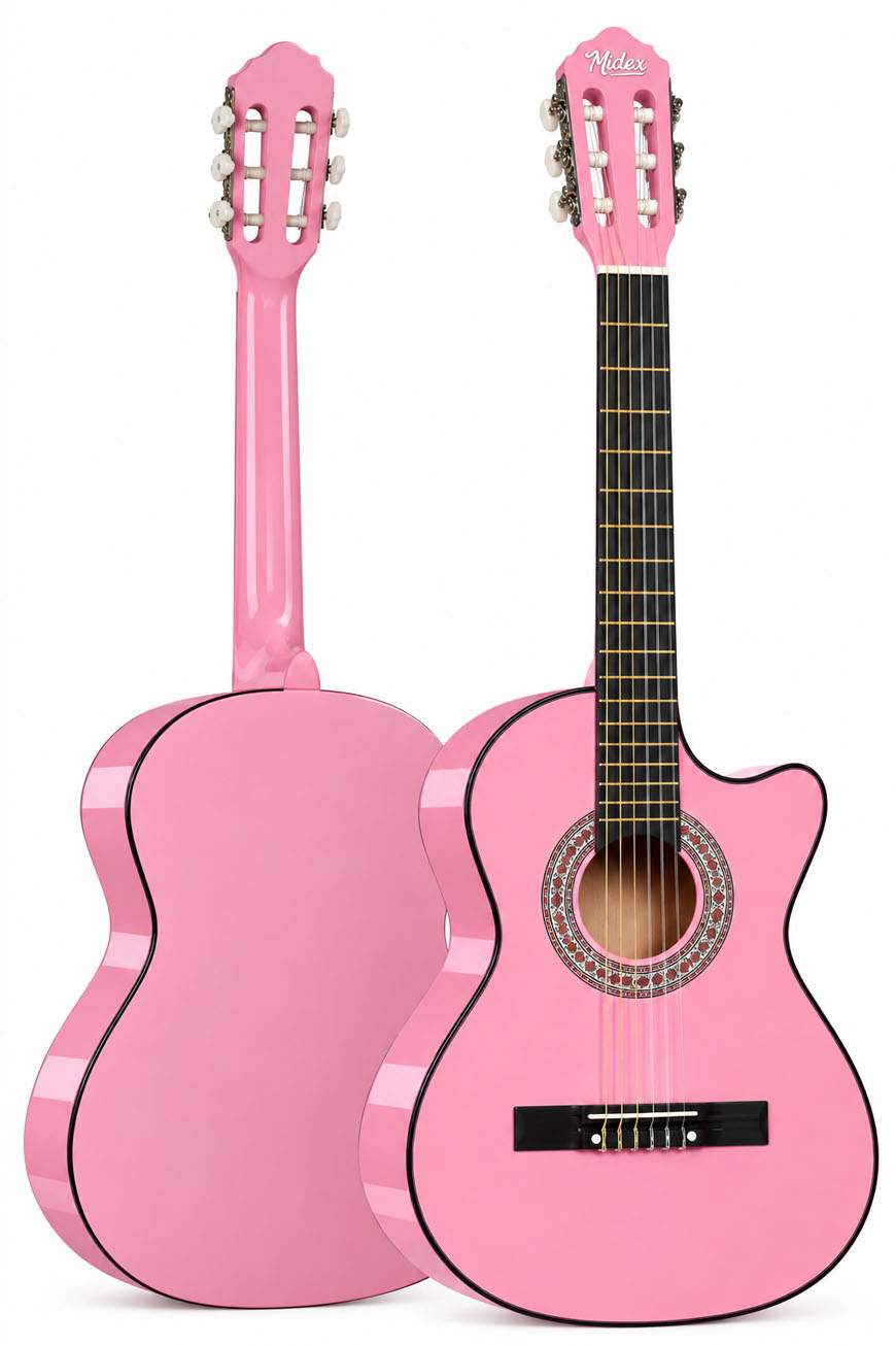 Midex CG-390PK-XBAG Pembe Renk Klasik Gitar 4/4 Sap Ayarlı Kesik Kasa (Çanta Tuner Askı Capo Metod Pena)