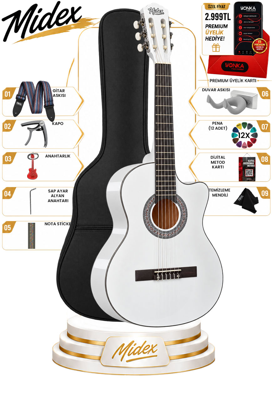 Midex CG-390WH-XBAG Beyaz Renk Klasik Gitar 4/4 Sap Ayarlı Kesik Kasa (Full Set)