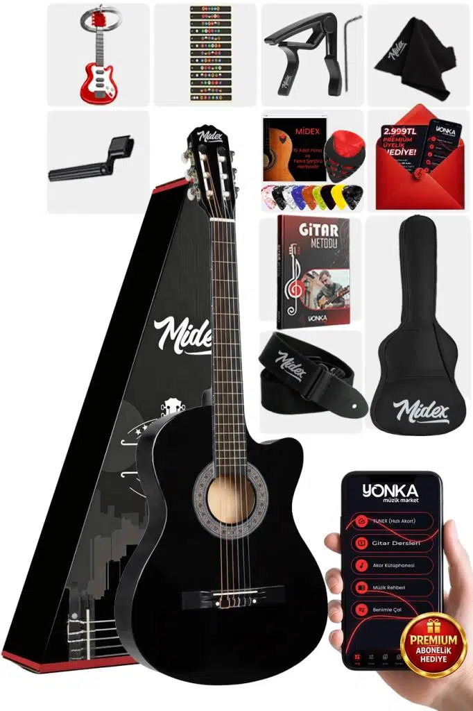 Midex CG-395BK Siyah Klasik Gitar 4/4 Sap Ayarlı Kesik Kasa Full Set (Çanta Askı Metod Pena)