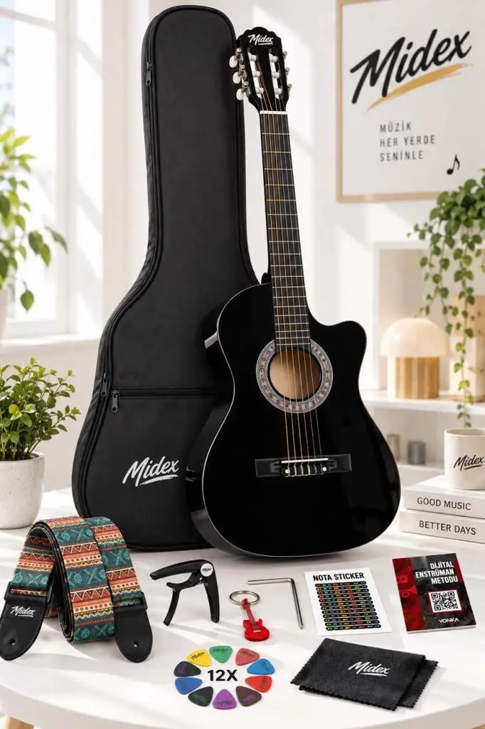 Midex CG-395BK Siyah Klasik Gitar 4/4 Sap Ayarlı Kesik Kasa Full Set (Çanta Askı Pena) Midex CG-395BK Siyah Klasik Gitar 4/4 Sap Ayarlı Kesik Kasa Full Set (Çanta Askı Pena)