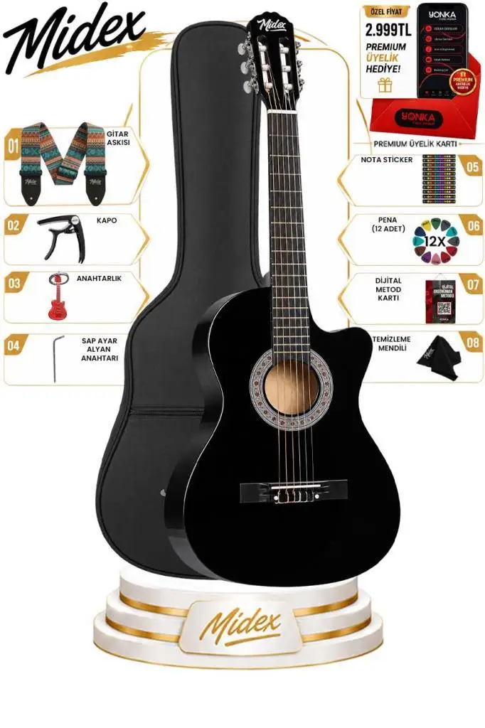 Midex CG-395BK Siyah Klasik Gitar 4/4 Sap Ayarlı Kesik Kasa Full Set (Çanta Askı Pena) Midex CG-395BK Siyah Klasik Gitar 4/4 Sap Ayarlı Kesik Kasa Full Set (Çanta Askı Pena)