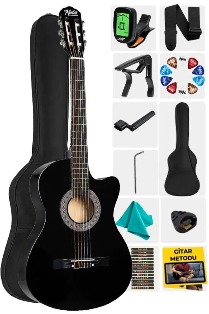 Midex CG-395BK Siyah Klasik Gitar 4/4 Sap Ayarlı Kesik Kasa Full Set (Çanta Askı Metod Pena)