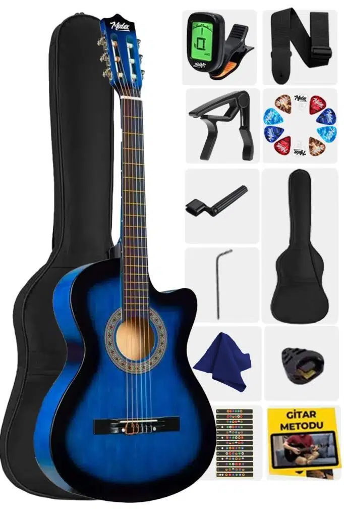 Midex CG-395BL Mavi Renk Kesik Klasik Gitar 4/4 Yetişkin Boy Sap Ayarlı Full Set