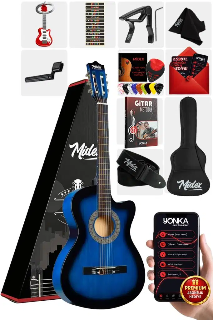 Midex CG-395BL Mavi Renk Kesik Klasik Gitar 4/4 Yetişkin Boy Sap Ayarlı Full Set