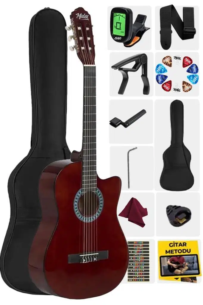 Midex CG-395BR Kahve Renk Kesik Klasik Gitar 4/4 Yetişkin Boy Sap Ayarlı Full Set