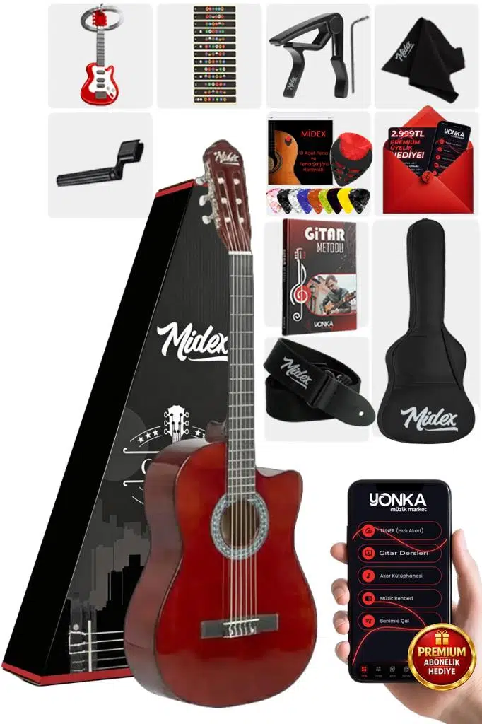 Midex CG-395BR Kahve Renk Kesik Klasik Gitar 4/4 Yetişkin Boy Sap Ayarlı Full Set Midex CG-395BR Kahve Renk Kesik Klasik Gitar 4/4 Yetişkin Boy Sap Ayarlı Full Set