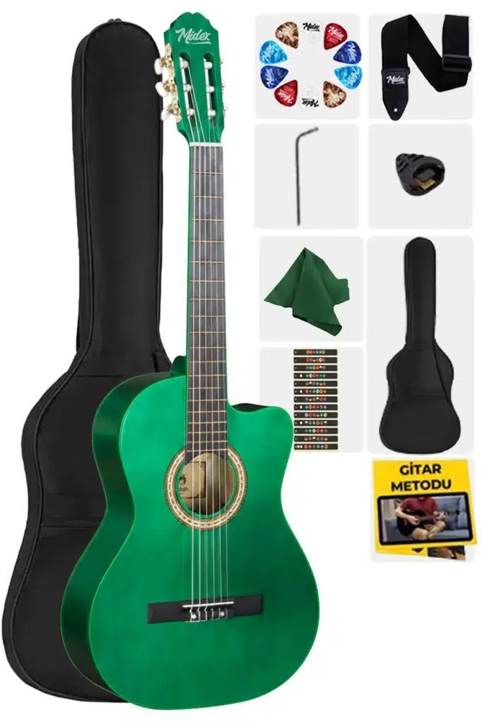 Midex CG-395GRN Yeşil Renk Kesik Klasik Gitar 4/4 Yetişkin Boy Sap Ayarlı Full Set