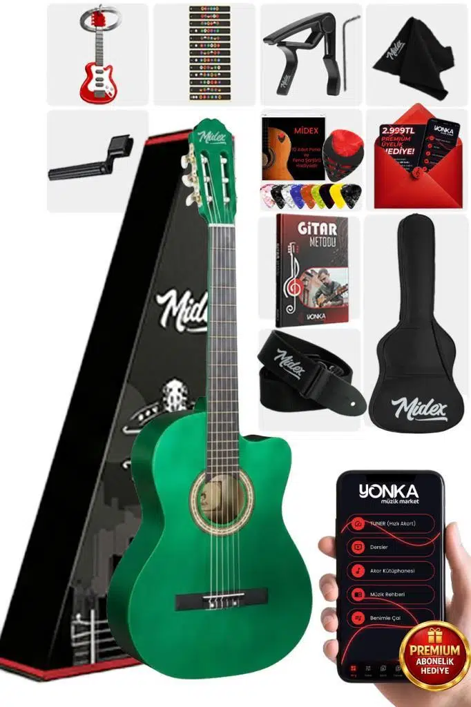 Midex CG-395GRN Yeşil Renk Kesik Klasik Gitar 4/4 Yetişkin Boy Sap Ayarlı Full Set