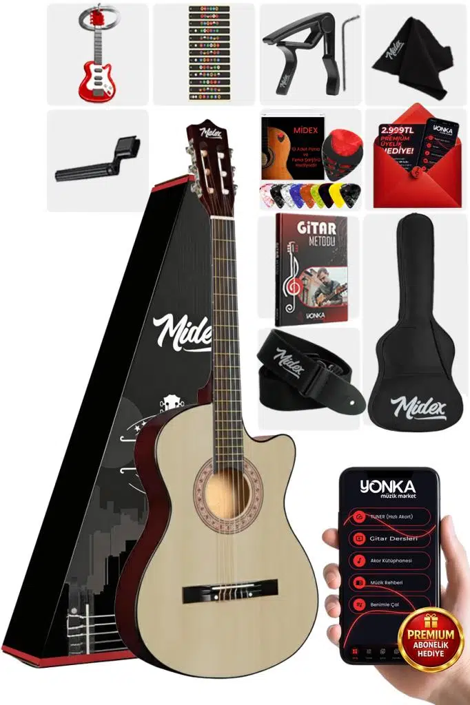 Midex CG-395NT Natural Renk Kesik Klasik Gitar 4/4 Yetişkin Boy Sap Ayarlı Full Set