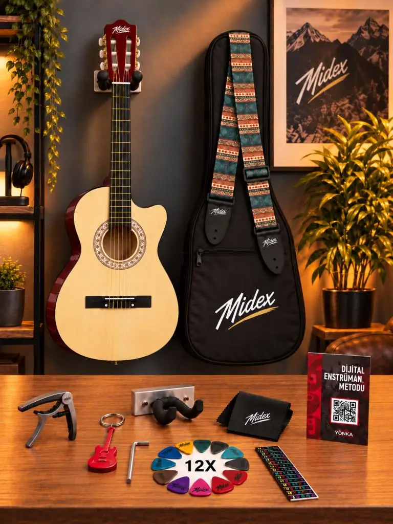 Midex CG-395NT Natural Renk Kesik Klasik Gitar 4/4 Yetişkin Boy Sap Ayarlı Full Set
