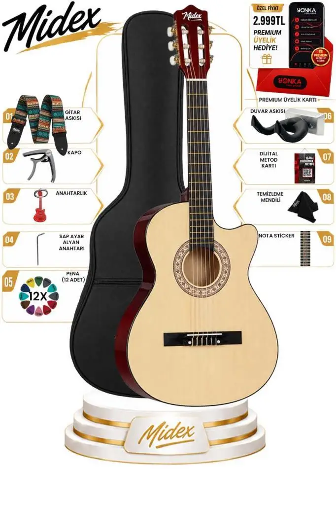 Midex CG-395NT Natural Renk Kesik Klasik Gitar 4/4 Yetişkin Boy Sap Ayarlı Full Set