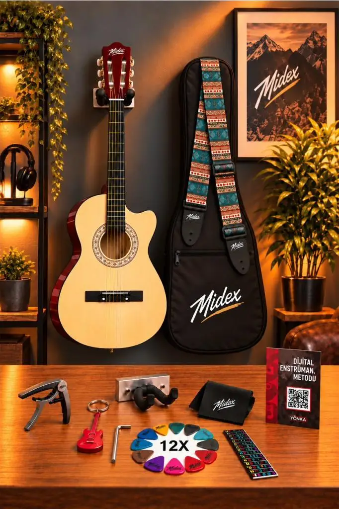 Midex CG-395NT Natural Renk Kesik Klasik Gitar 4/4 Yetişkin Boy Sap Ayarlı Full Set