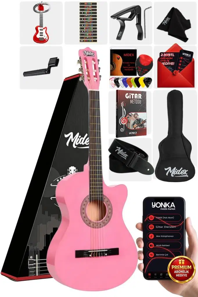 Midex CG-395PK Pembe Renk Kesik Klasik Gitar 4/4 Yetişkin Boy Sap Ayarlı Full Set