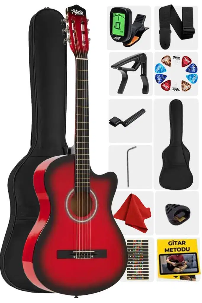 Midex CG-395RD Kırmızı Renk Kesik Klasik Gitar 4/4 Yetişkin Boy Sap Ayarlı Full Set
