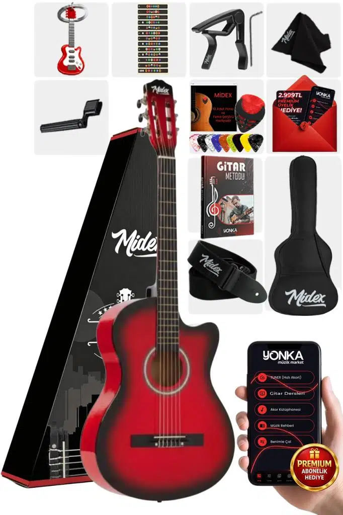 Midex CG-395RD Kırmızı Renk Kesik Klasik Gitar 4/4 Yetişkin Boy Sap Ayarlı Full Set Midex CG-395RD Kırmızı Renk Kesik Klasik Gitar 4/4 Yetişkin Boy Sap Ayarlı Full Set
