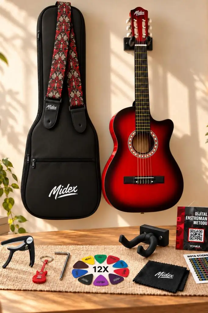Midex CG-395RD Kırmızı Renk Kesik Klasik Gitar 4/4 Yetişkin Boy Sap Ayarlı Full Set