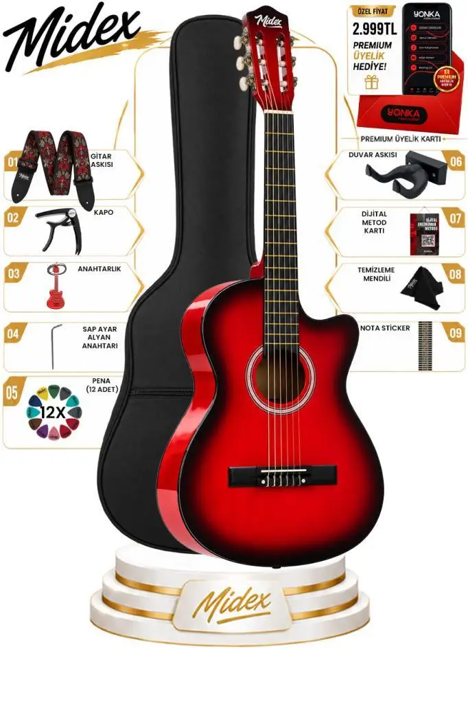 Midex CG-395RD Kırmızı Renk Kesik Klasik Gitar 4/4 Yetişkin Boy Sap Ayarlı Full Set