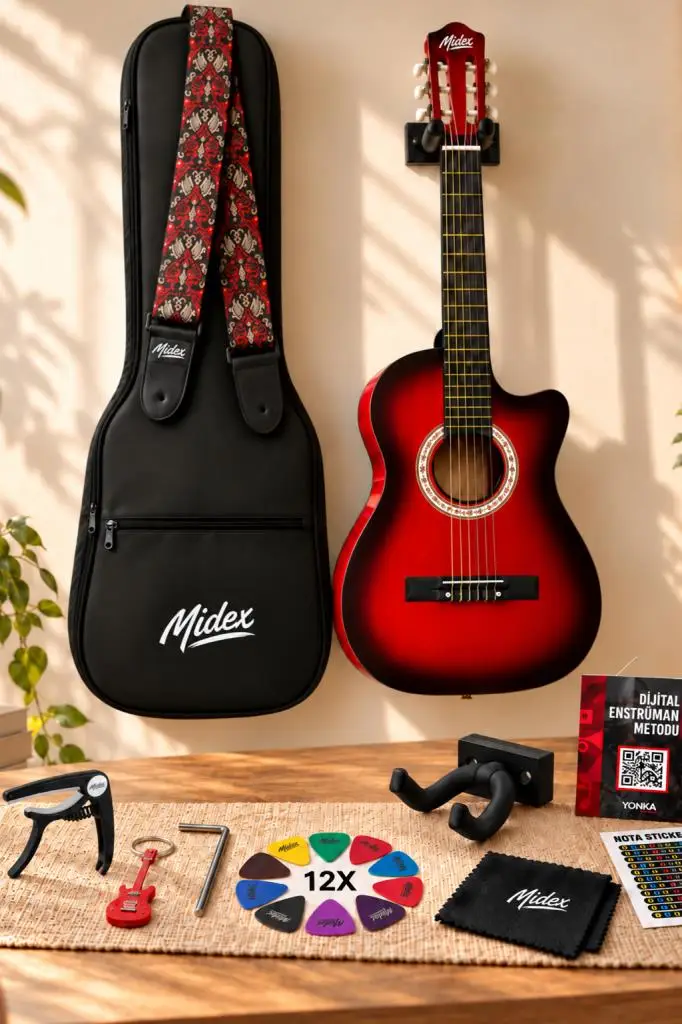 Midex CG-395RD Kırmızı Renk Kesik Klasik Gitar 4/4 Yetişkin Boy Sap Ayarlı Full Set